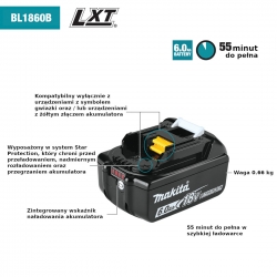 MAKITA BL1860B 1szt. oryginalny akumulator LXT 18V 6,0Ah Li-Ion bateria ze wskaźnikiem naładowania (197422-4) 2 razy mocniejsza od BL1830